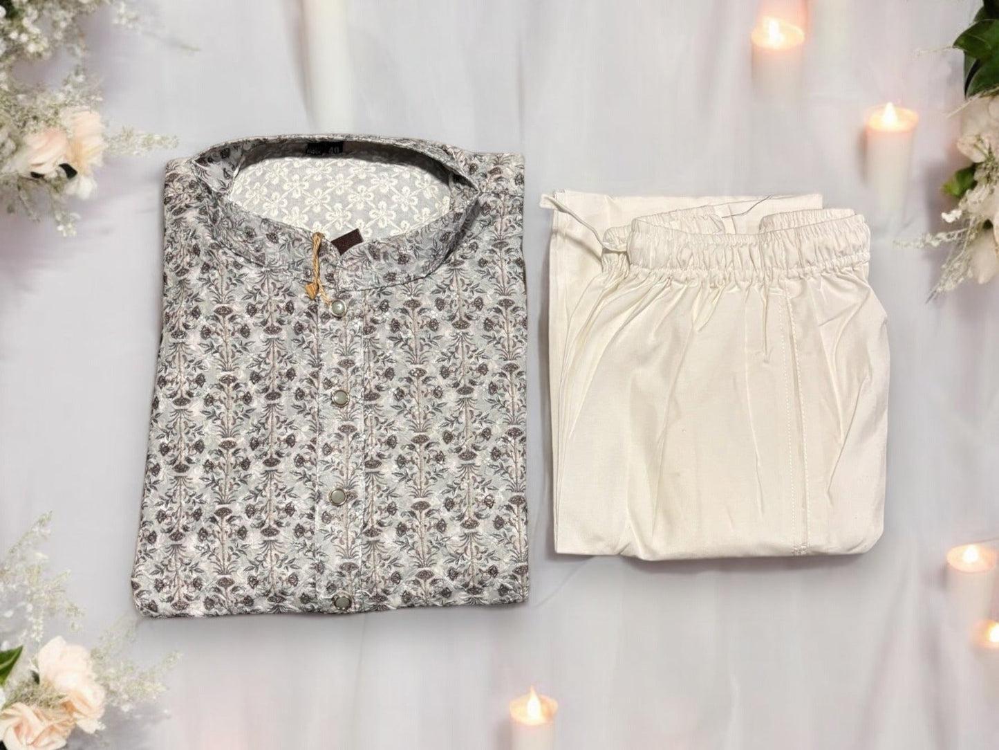 Mens Traditional Printed Work Gray Kurta Pajama- 6612