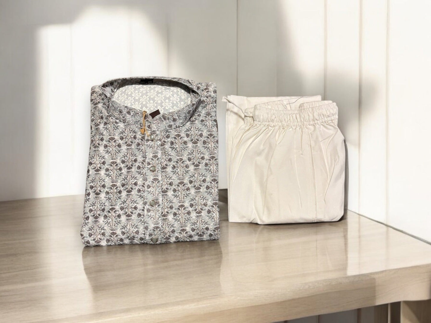 Mens Traditional Printed Work Gray Kurta Pajama- 6612