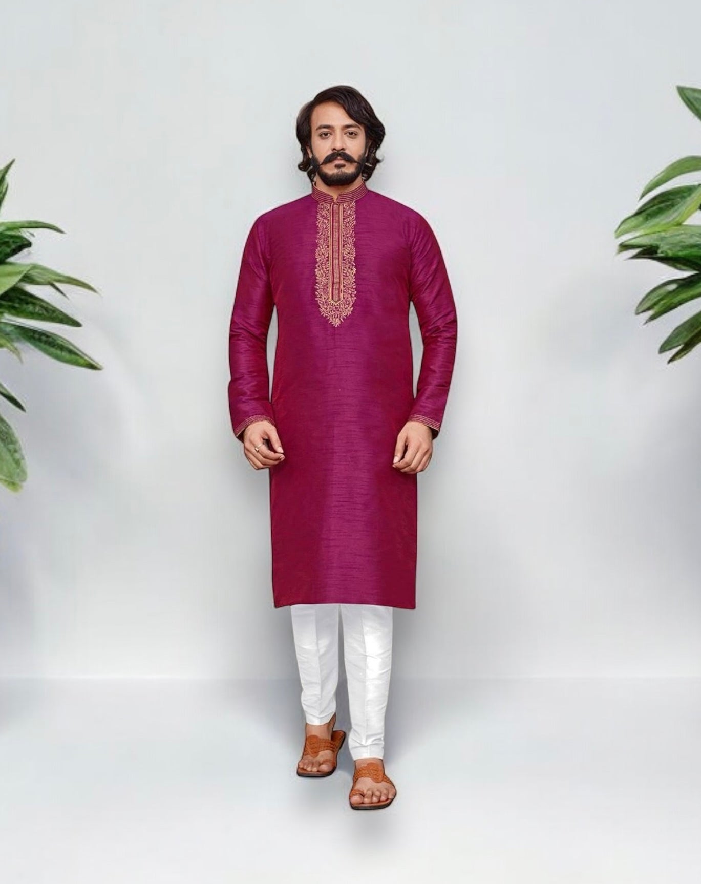 Dark Pink Color Designer Party Wear Traditional Art Silk Kurta with Pajama– Ethnic Wear for Mens