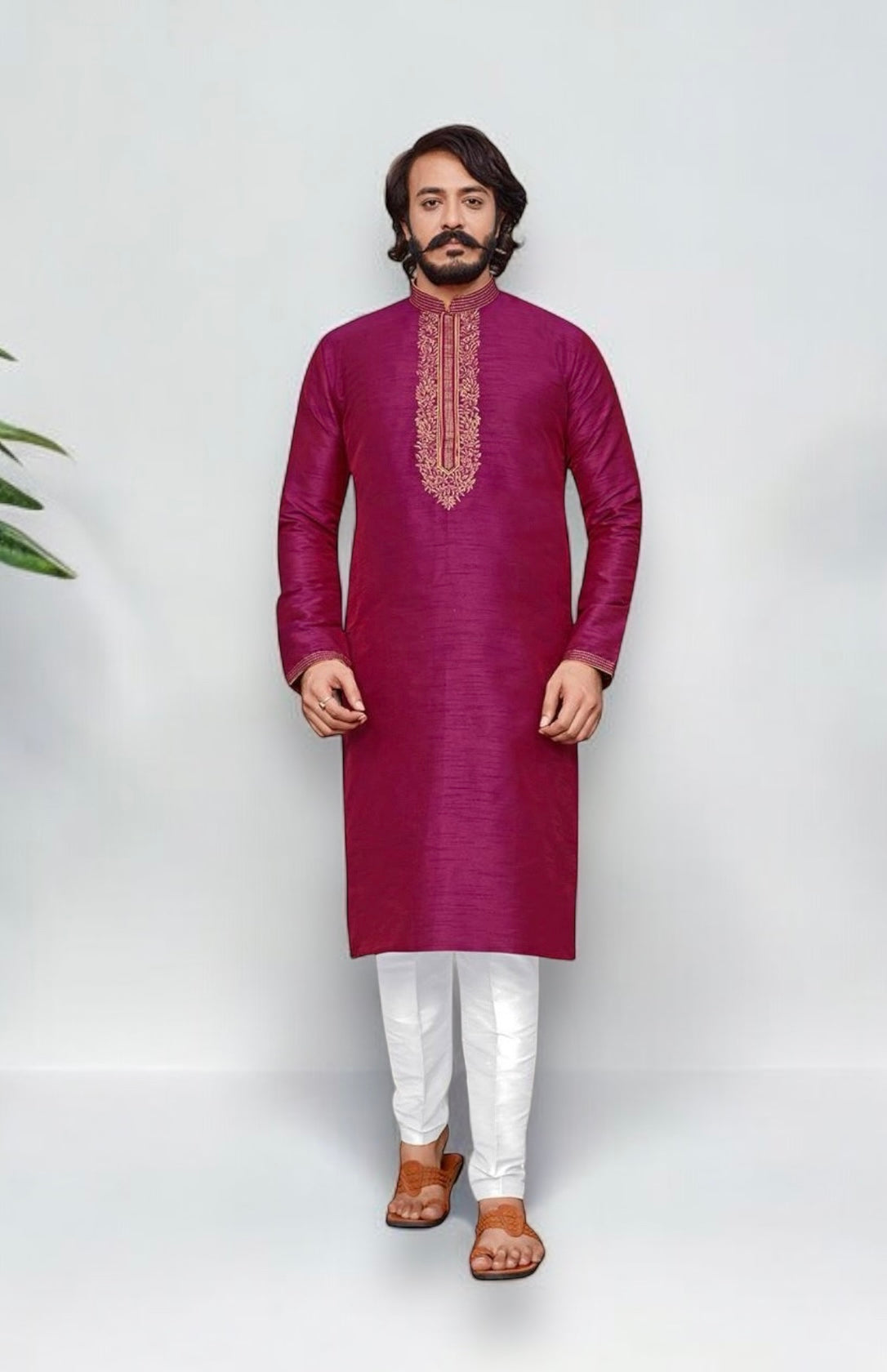Dark Pink Color Designer Party Wear Traditional Art Silk Kurta with Pajama– Ethnic Wear for Mens