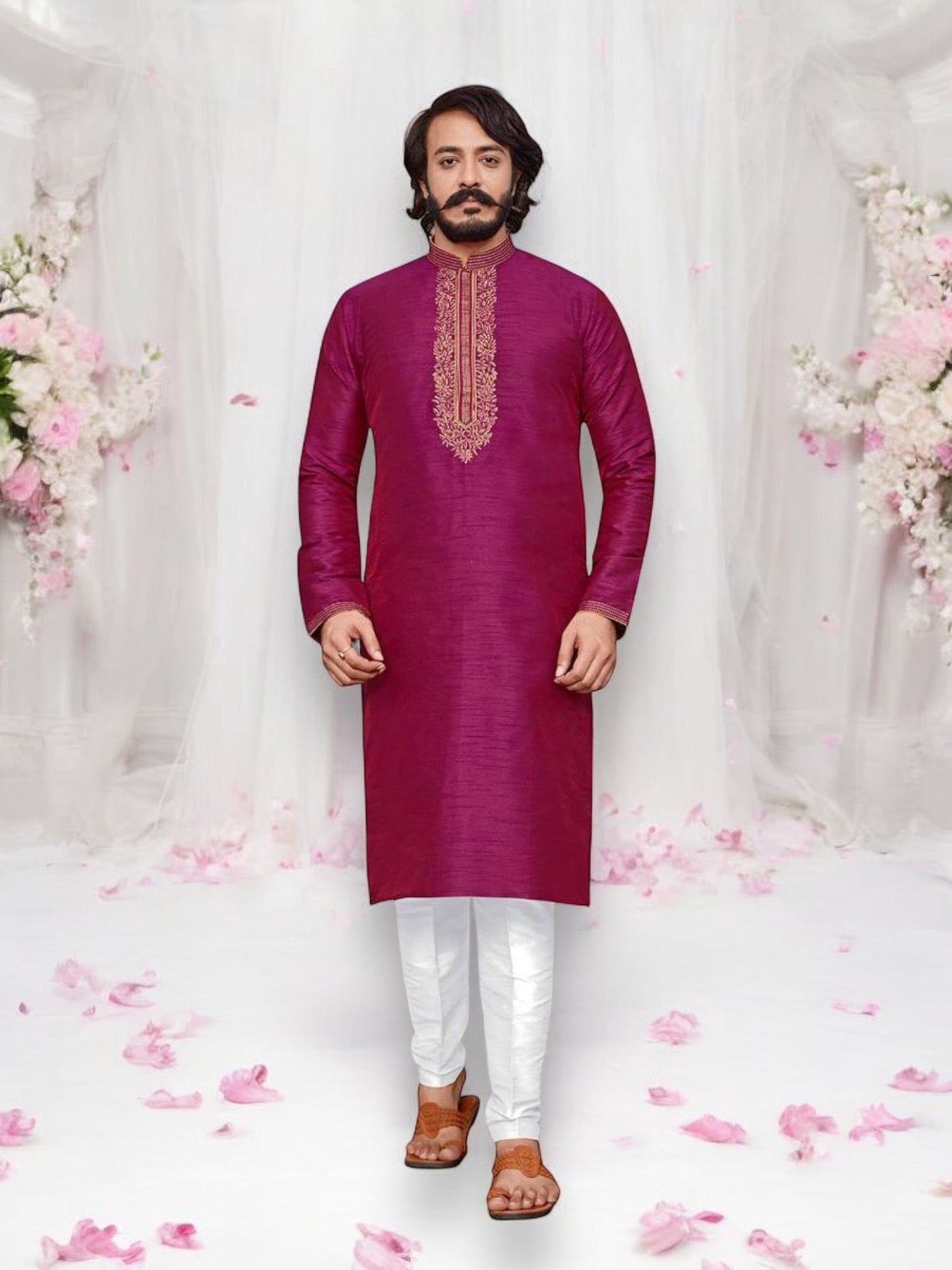 Dark Pink Color Designer Party Wear Traditional Art Silk Kurta with Pajama– Ethnic Wear for Mens