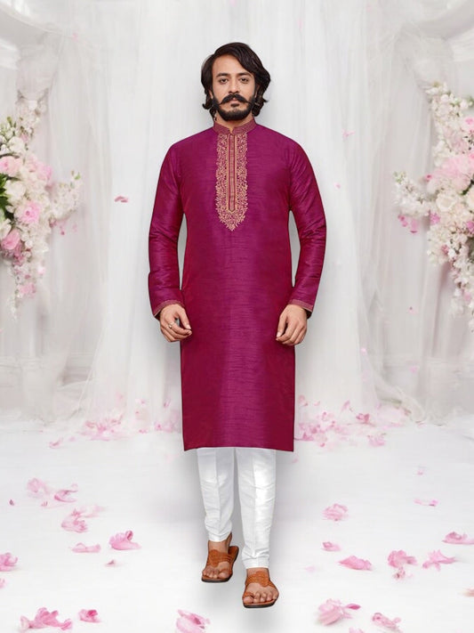 Dark Pink Color Designer Party Wear Traditional Art Silk Kurta with Pajama– Ethnic Wear for Mens