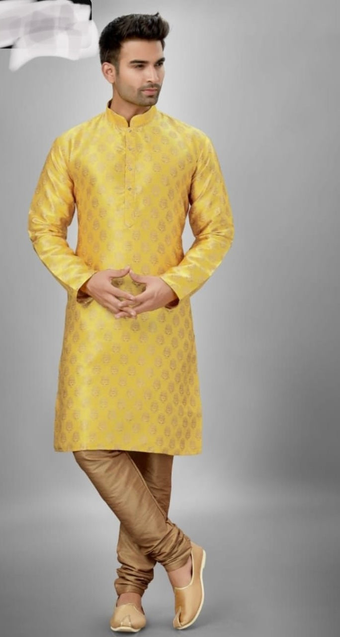 Men's Traditional Yellow Silk Kurta Pajama - 6321