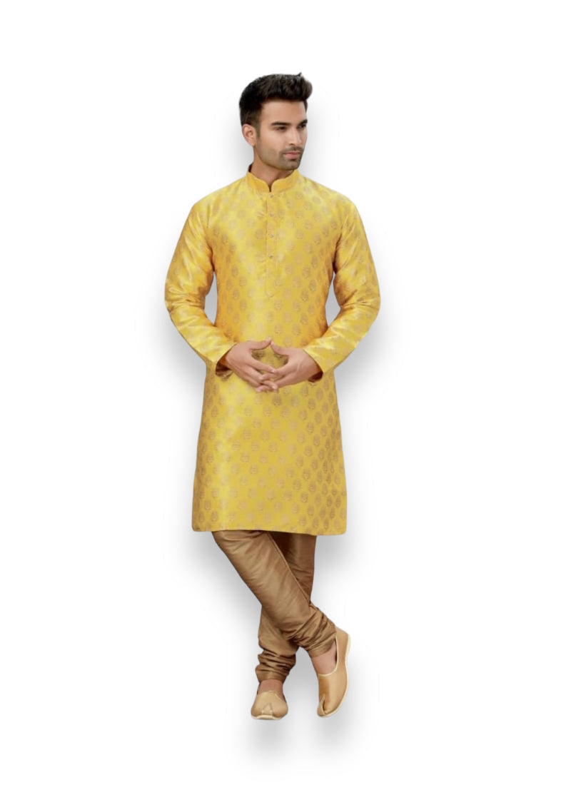 Men's Traditional Yellow Silk Kurta Pajama - 6321