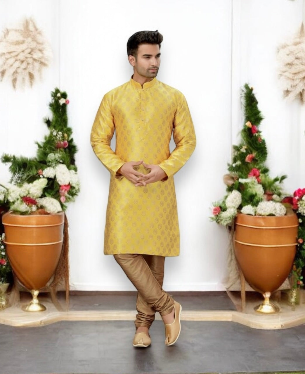Men's Traditional Yellow Silk Kurta Pajama - 6321