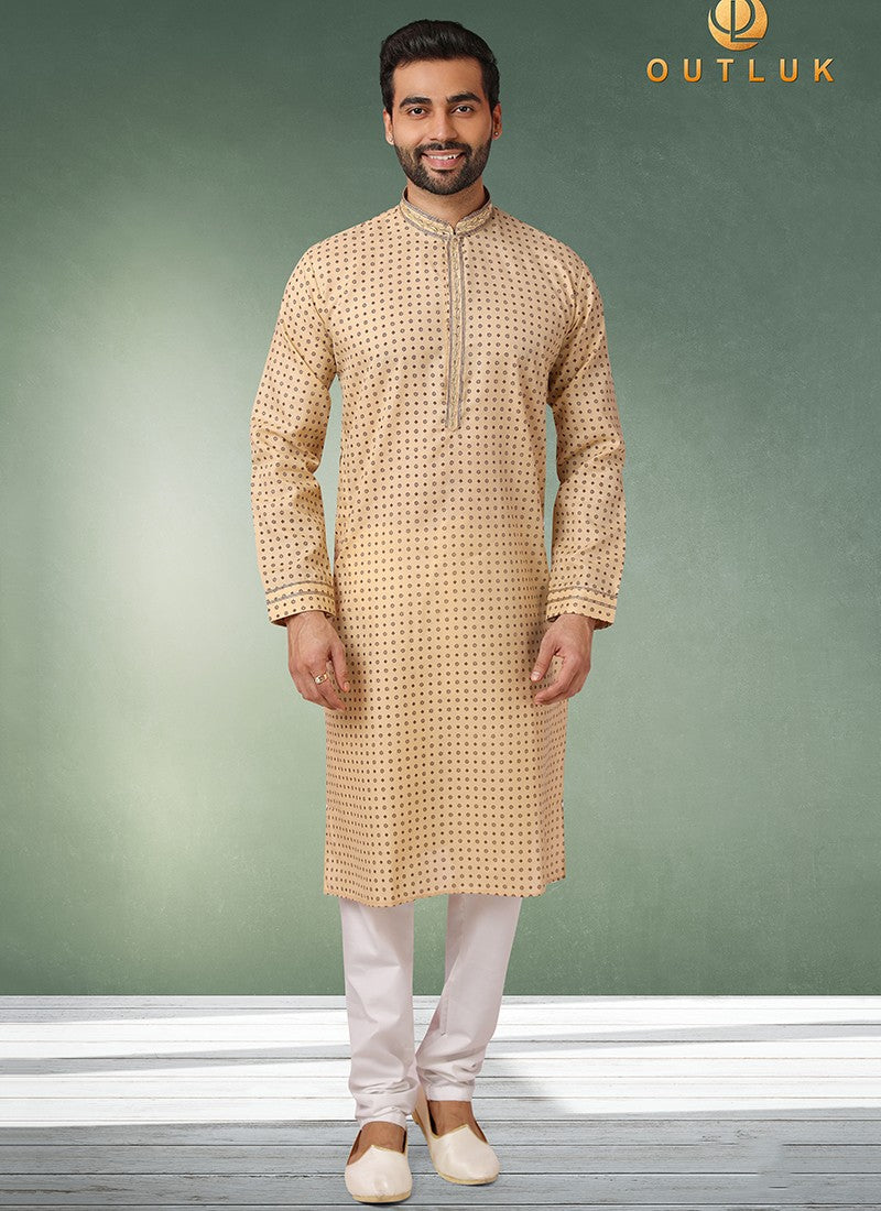 Beige Bliss: Pure Cotton Digital Print Kurta Pajama– Ethnic Wear for Mens
