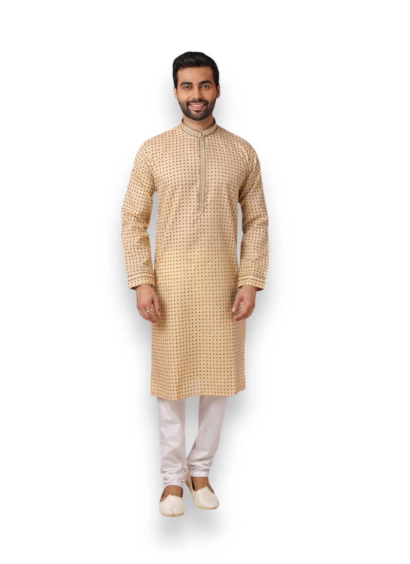 Beige Bliss: Pure Cotton Digital Print Kurta Pajama– Ethnic Wear for Mens