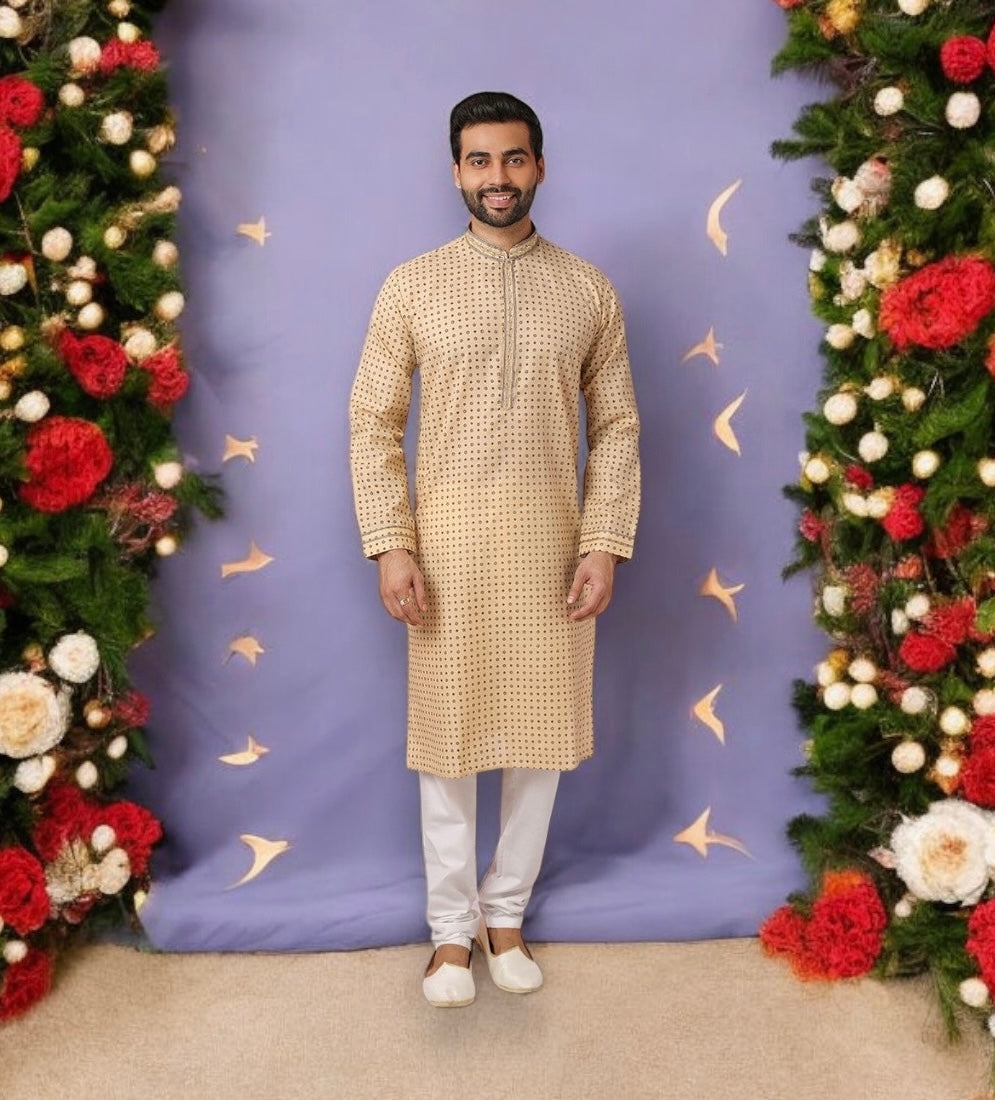 Beige Bliss: Pure Cotton Digital Print Kurta Pajama– Ethnic Wear for Mens