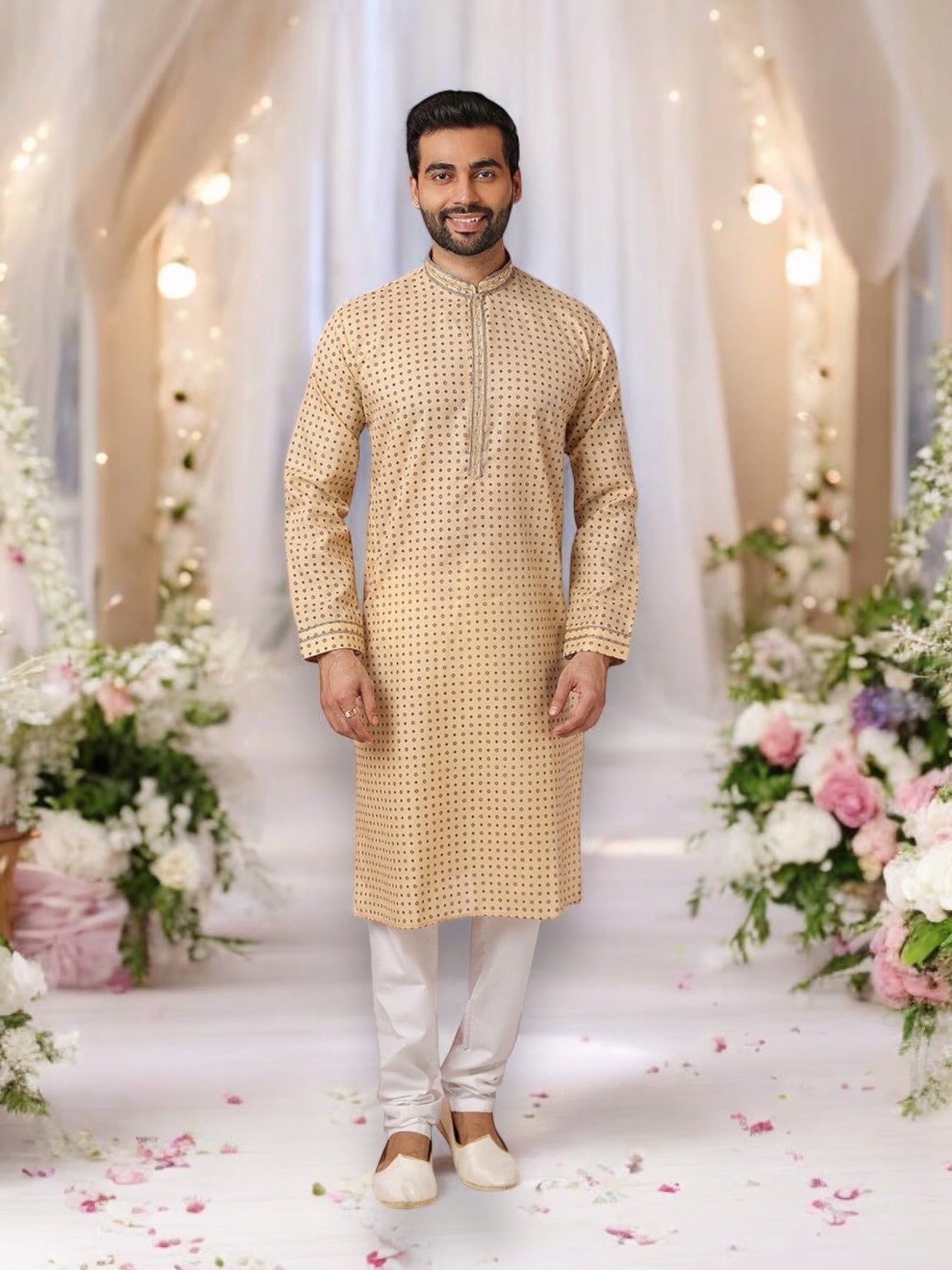 Beige Bliss: Pure Cotton Digital Print Kurta Pajama– Ethnic Wear for Mens