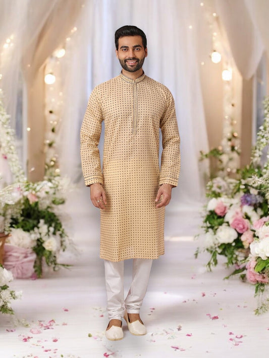 Beige Bliss: Pure Cotton Digital Print Kurta Pajama– Ethnic Wear for Mens