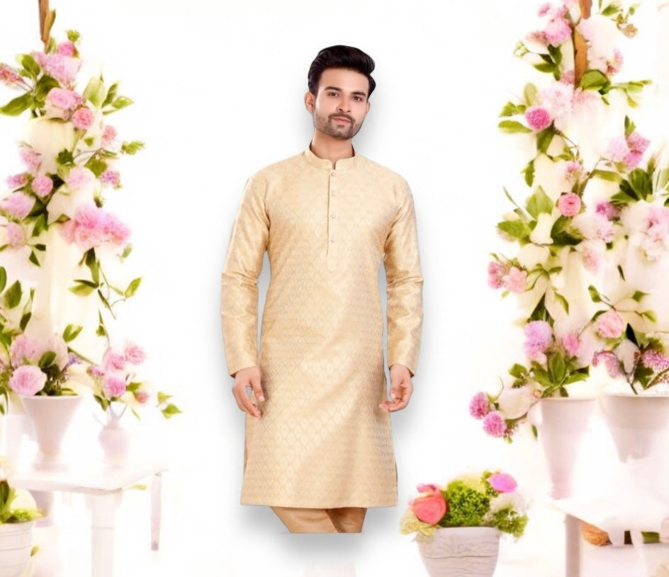 Beige Stylish Men's Silk Kurta Pajama - 6363– Ethnic Wear