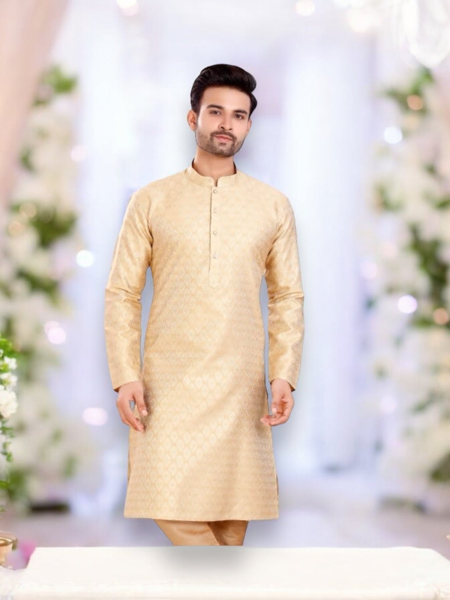 Beige Stylish Men's Silk Kurta Pajama - 6363– Ethnic Wear