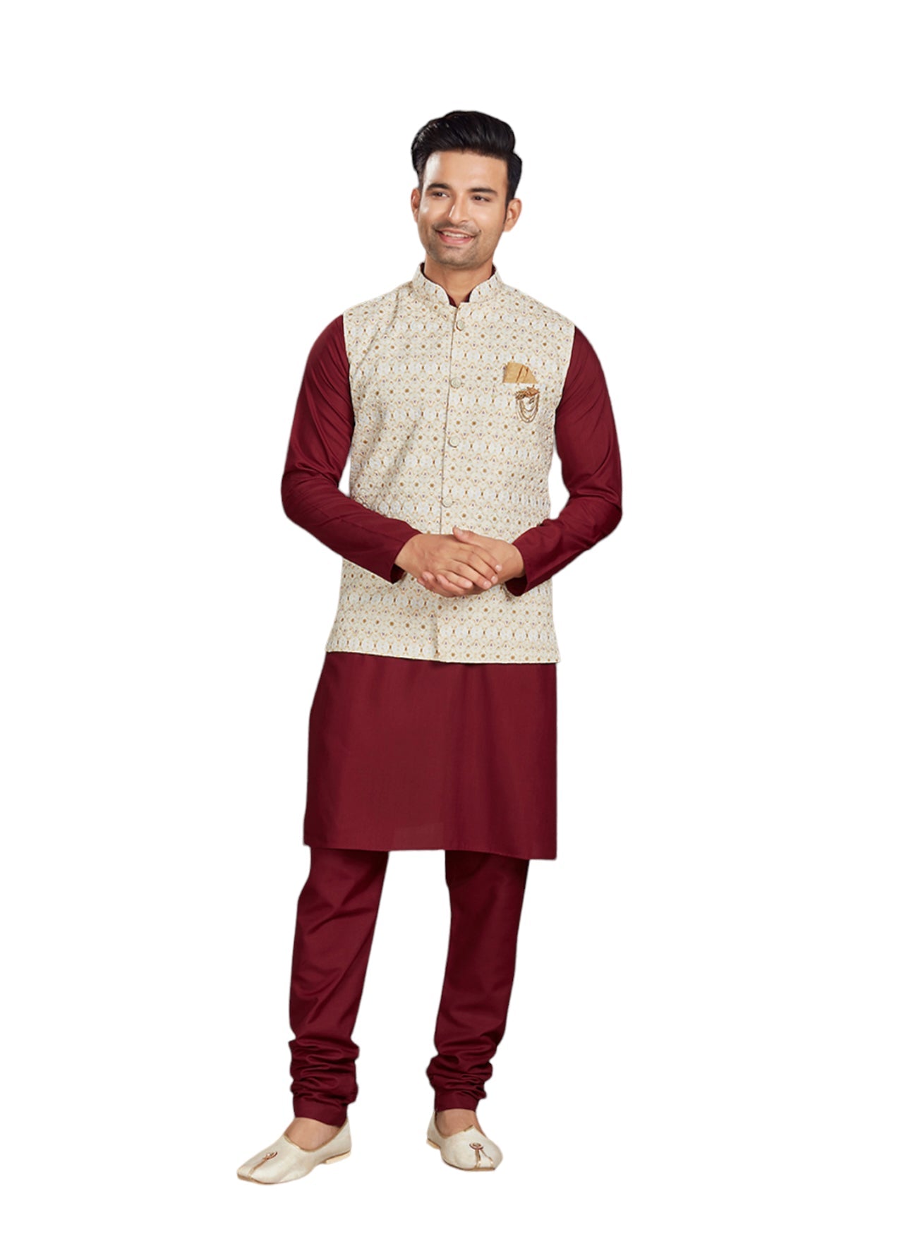 Classic Maroon - Traditional Cotton Kurta Pajama Set with Elegant Jacket