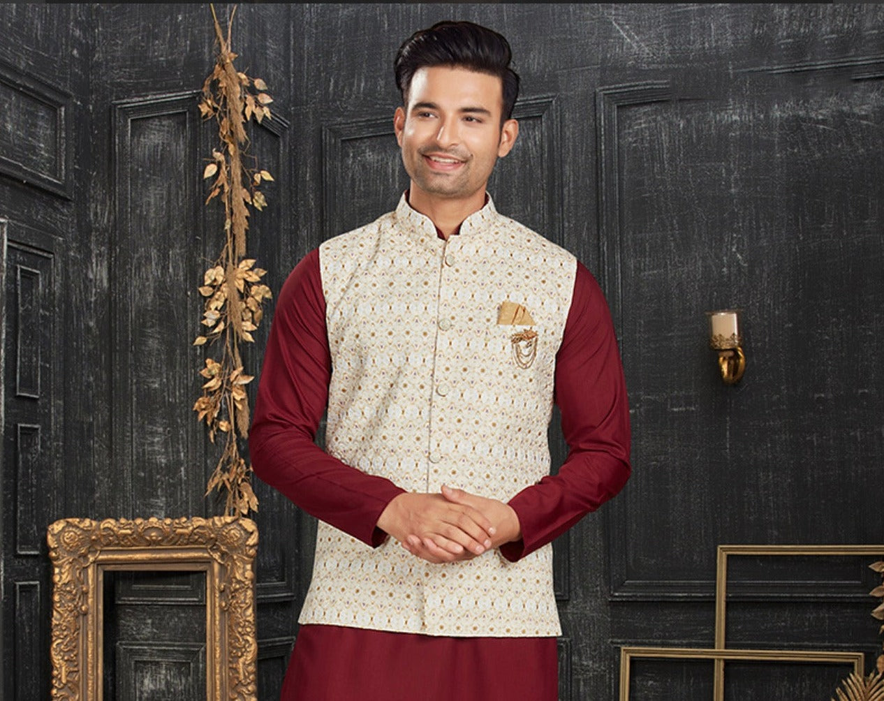 Classic Maroon - Traditional Cotton Kurta Pajama Set with Elegant Jacket