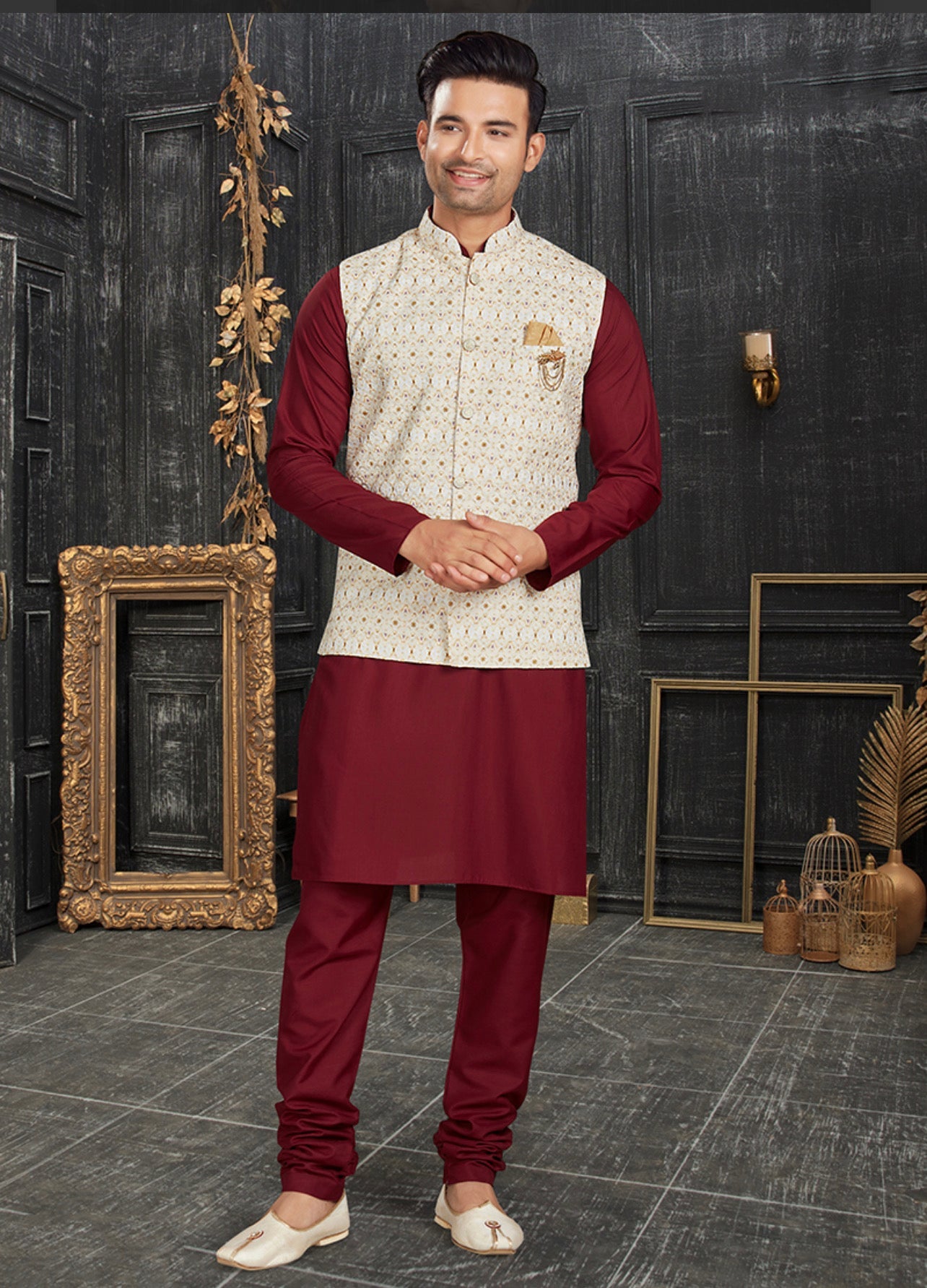 Classic Maroon - Traditional Cotton Kurta Pajama Set with Elegant Jacket