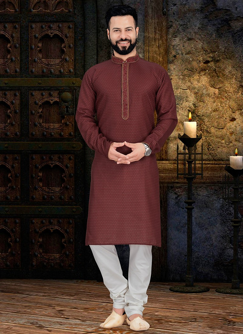 Maroon Traditional Wear: Digital Print Cotton Kurta Pajama Set– Ethnic Wear for Mens