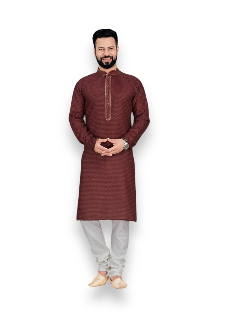 Maroon Traditional Wear: Digital Print Cotton Kurta Pajama Set– Ethnic Wear for Mens