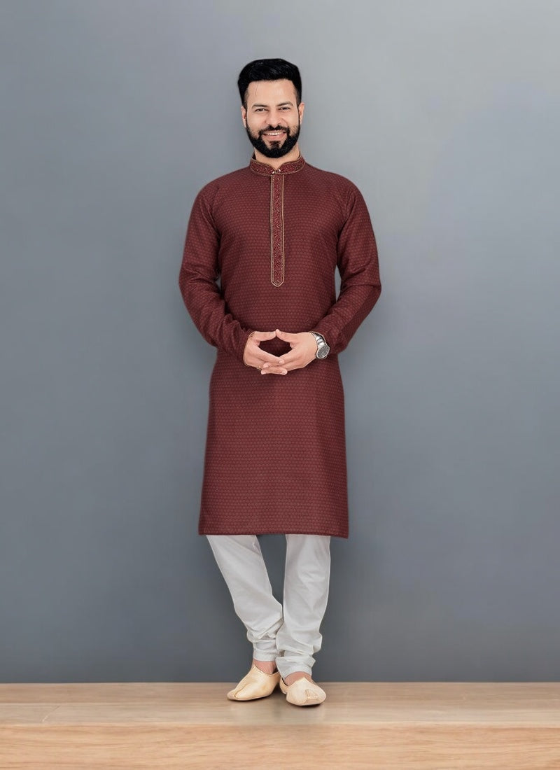 Maroon Traditional Wear: Digital Print Cotton Kurta Pajama Set– Ethnic Wear for Mens