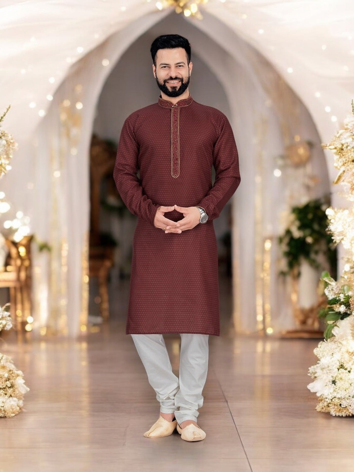 Maroon Traditional Wear: Digital Print Cotton Kurta Pajama Set– Ethnic Wear for Mens