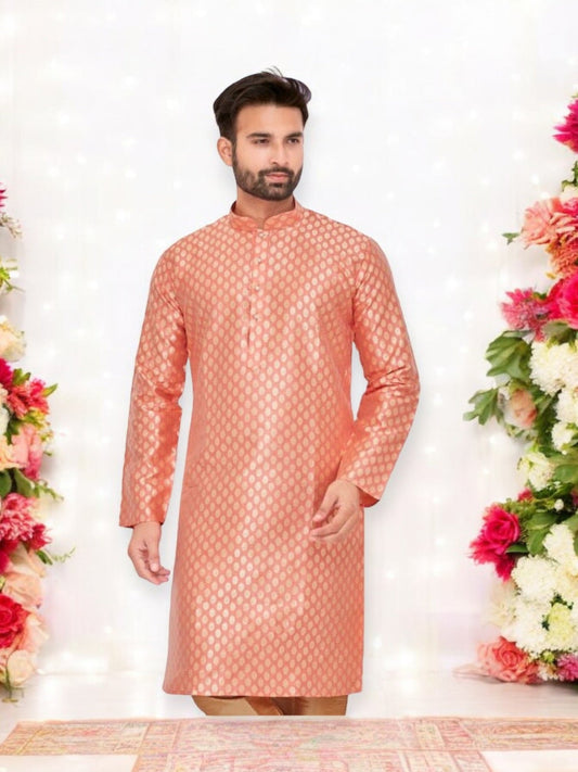 Mens Traditional Silk Kurta Pajama Set - Pink - 6326