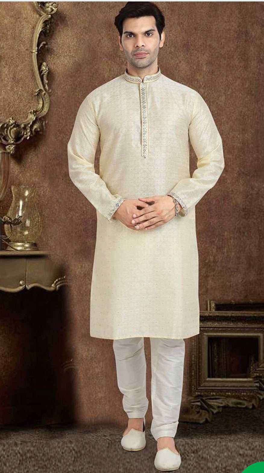 Cream Color Traditional Jacquard Silk Kurta Pajama– Ethnic Wear for Men