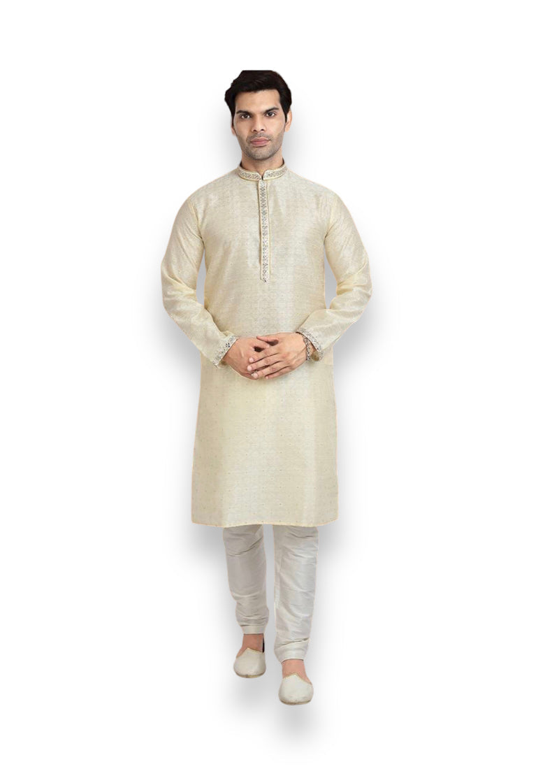 Cream Color Traditional Jacquard Silk Kurta Pajama– Ethnic Wear for Men