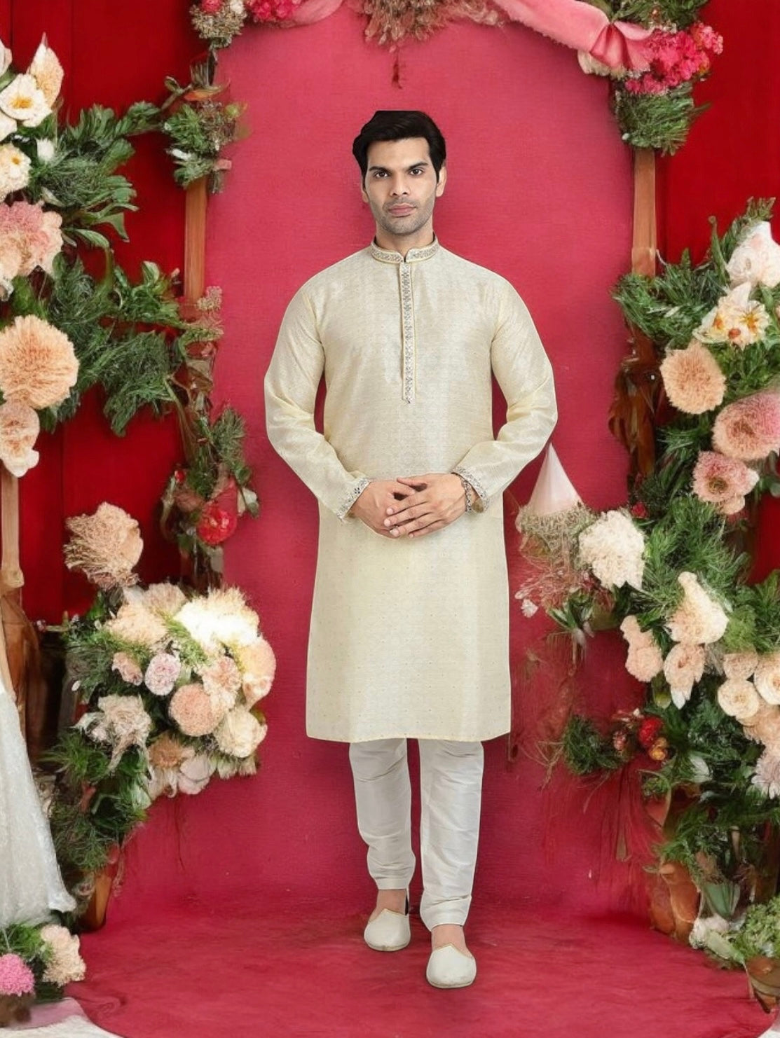 Cream Color Traditional Jacquard Silk Kurta Pajama– Ethnic Wear for Men