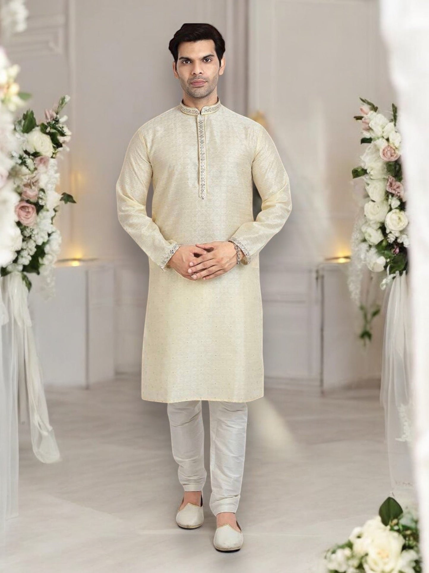 Cream Color Traditional Jacquard Silk Kurta Pajama– Ethnic Wear for Men