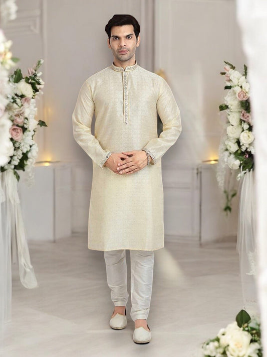 Cream Color Traditional Jacquard Silk Kurta Pajama– Ethnic Wear for Men