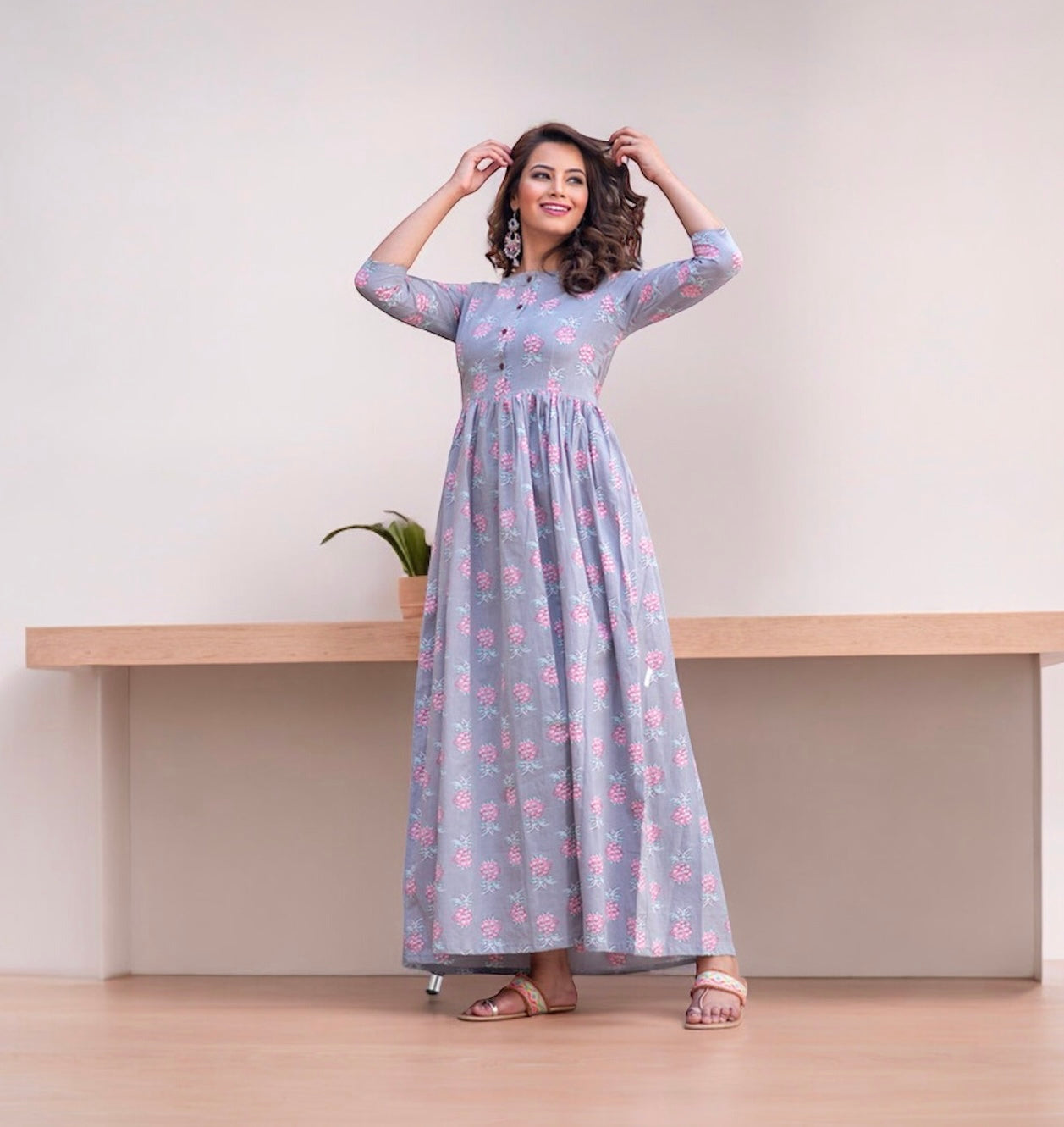 Blue: Muslin Printed Work Traditional Gown-Ethnic Wear for Women-01