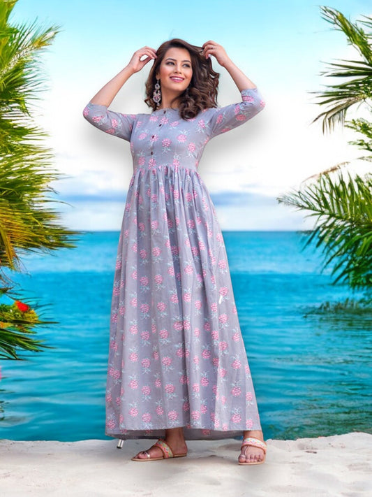 Blue: Muslin Printed Work Traditional Gown-Ethnic Wear for Women-01