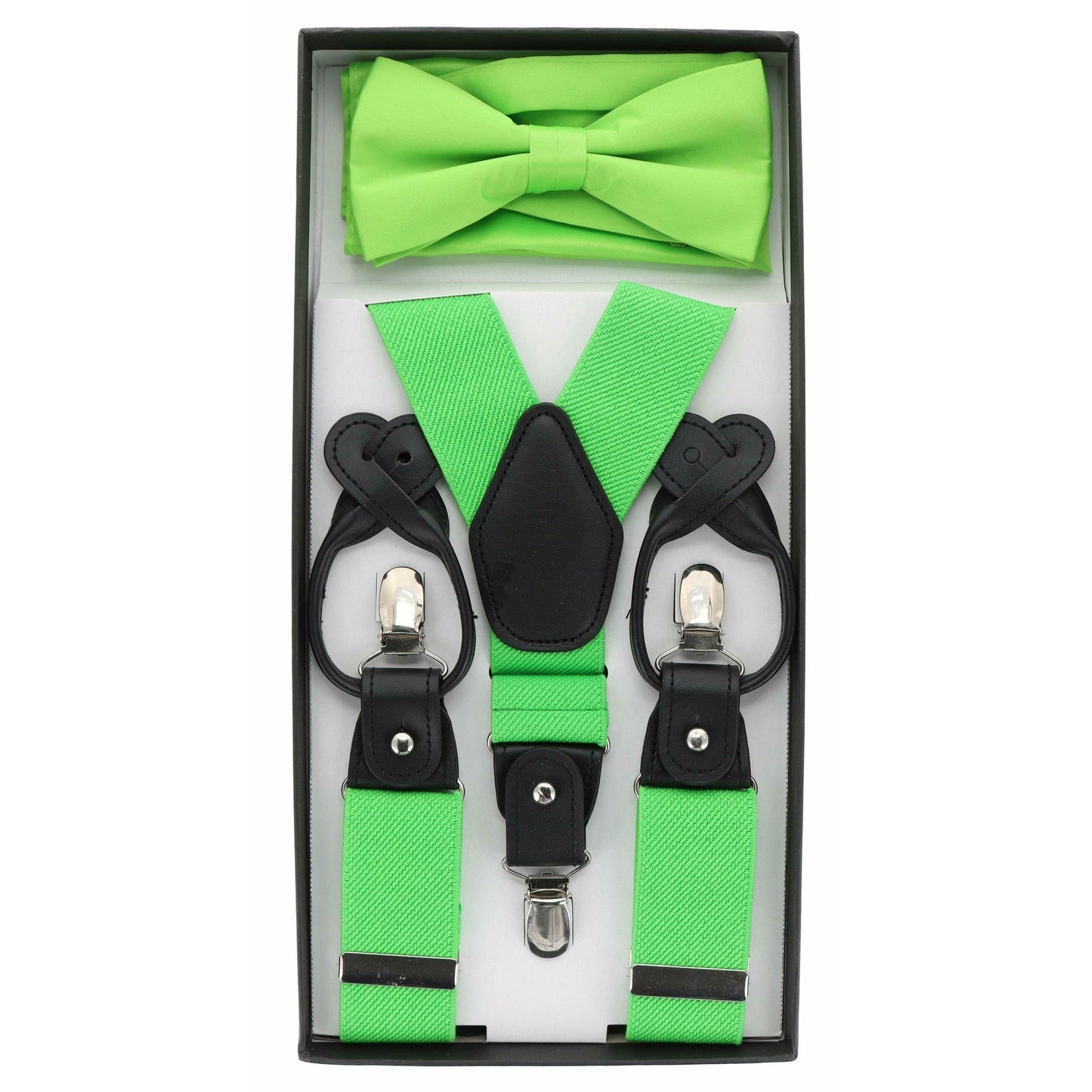 Vittorio Farina Men's Clip End Suspender, Bow Tie and Pocket Square Set with Silver Hardware in Gift Box: 70% Polyester & 30% Elastomer