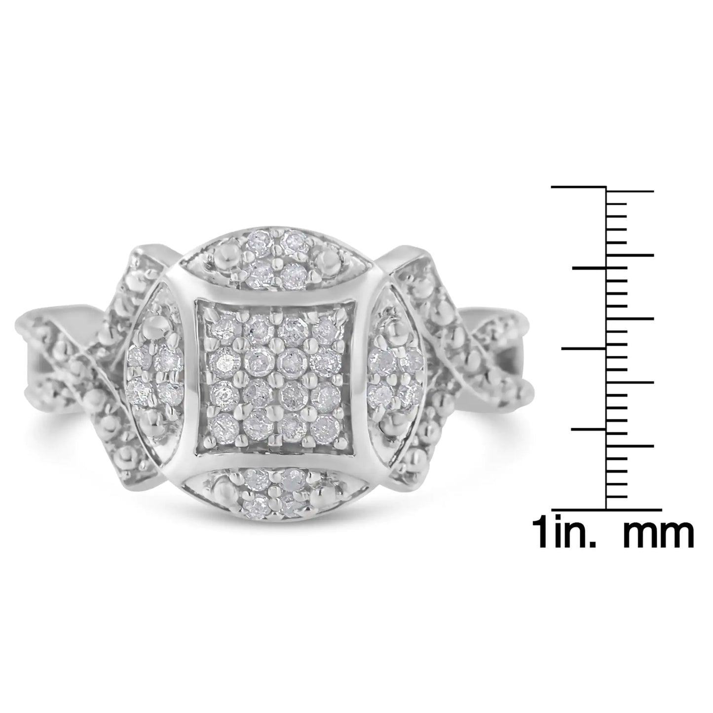 .925 Sterling Silver 1/3 Cttw Diamond Square-in-Circle Composite Cluster Ribbon Shank Fashion or Cocktail Ring (I-J Color, I3 Clarity) - Concordia Style Boutique