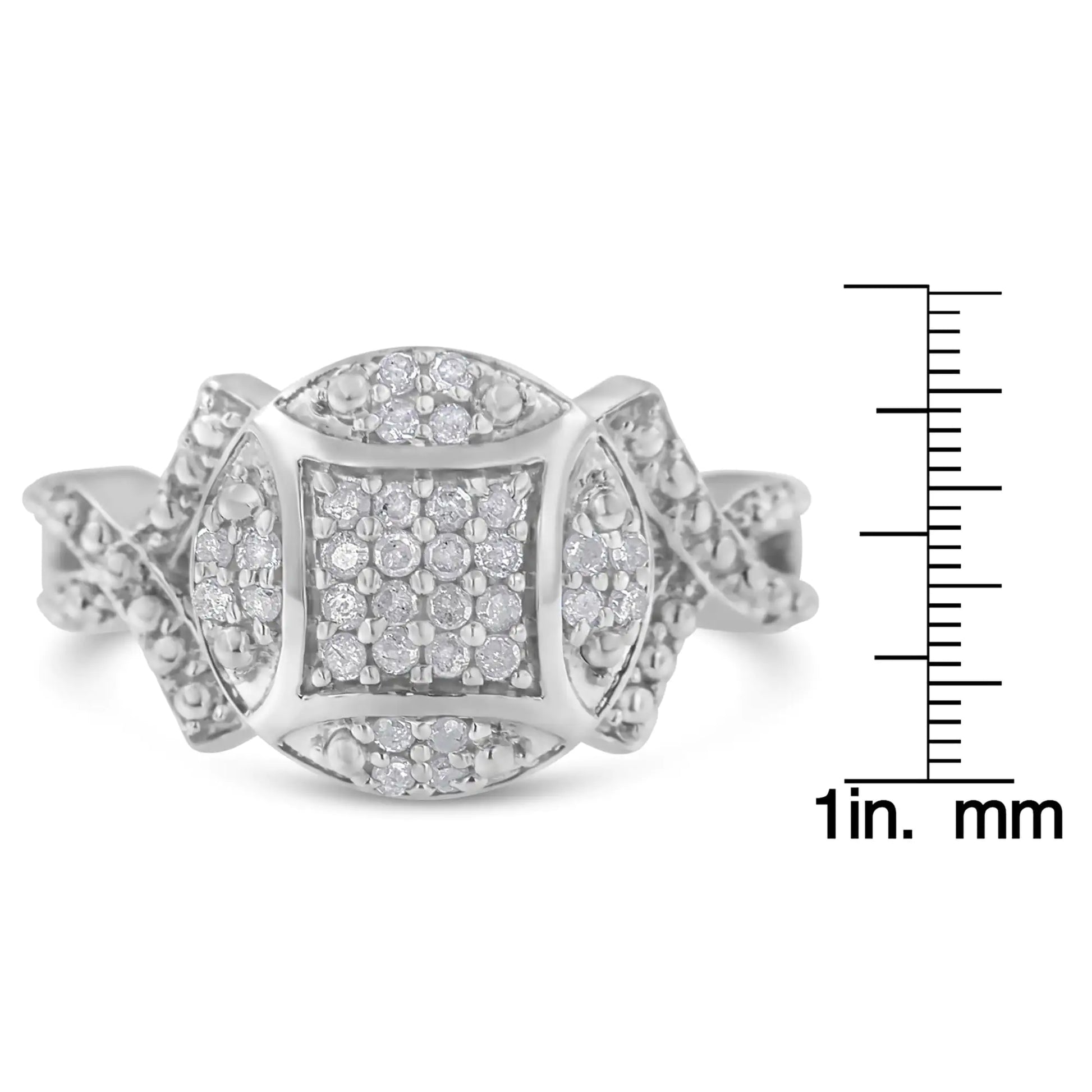 .925 Sterling Silver 1/3 Cttw Diamond Square-in-Circle Composite Cluster Ribbon Shank Fashion or Cocktail Ring (I-J Color, I3 Clarity) - Concordia Style Boutique