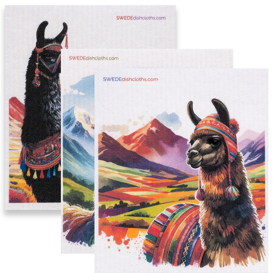 Eco-Friendly Swedish Dishcloths - Mixed Colorful Llamas Set of 3 (Paper Towel Replacements, One of Each Design) - Concordia Style Boutique