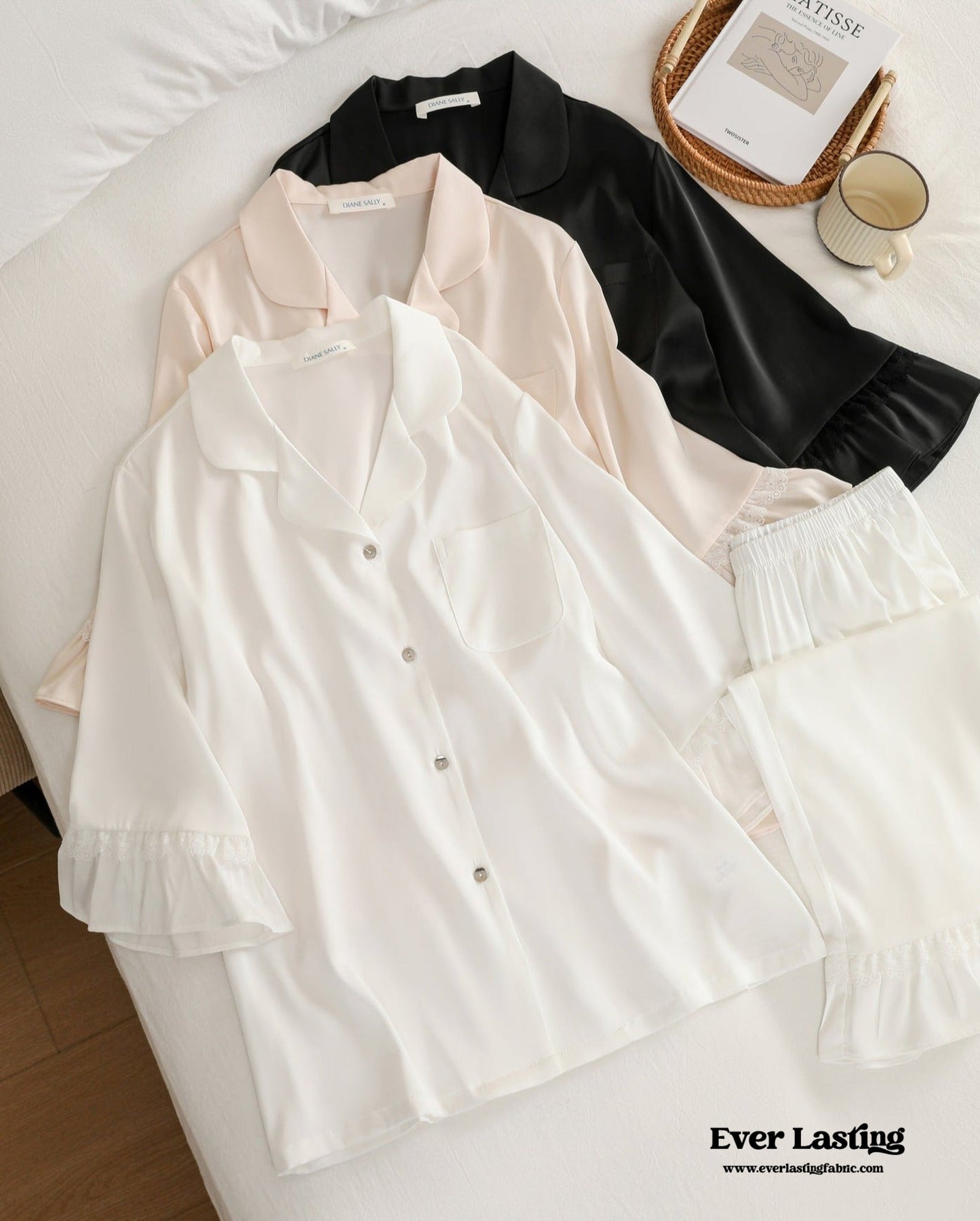 Silky Lace Ruffle Long Sleeves and Pants Pajama Set / White