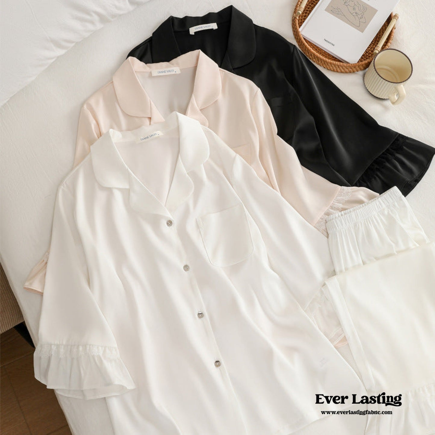 Silky Lace Ruffle Long Sleeves and Pants Pajama Set / White