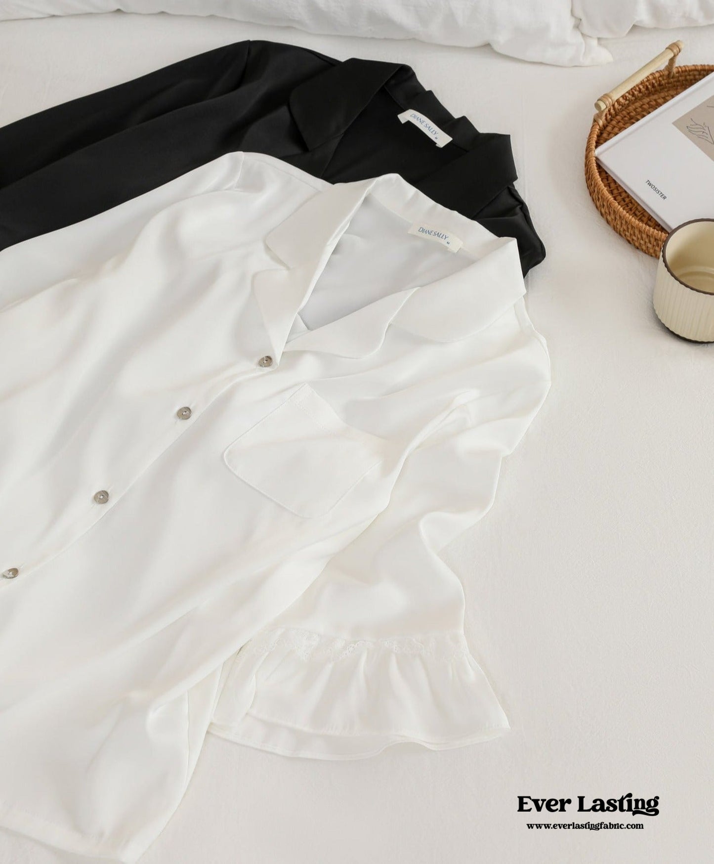 Silky Lace Ruffle Long Sleeves and Pants Pajama Set / White