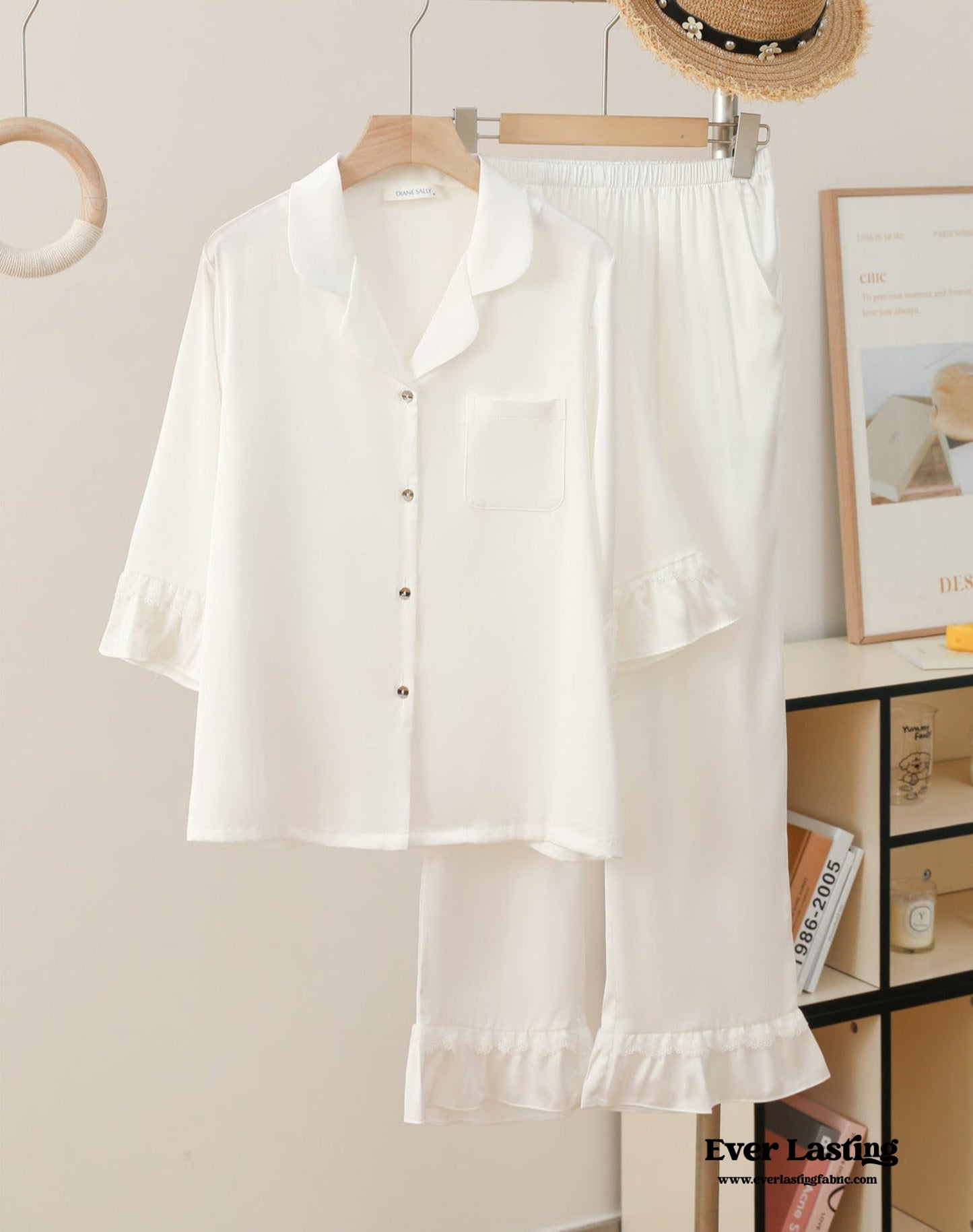 Silky Lace Ruffle Long Sleeves and Pants Pajama Set / White