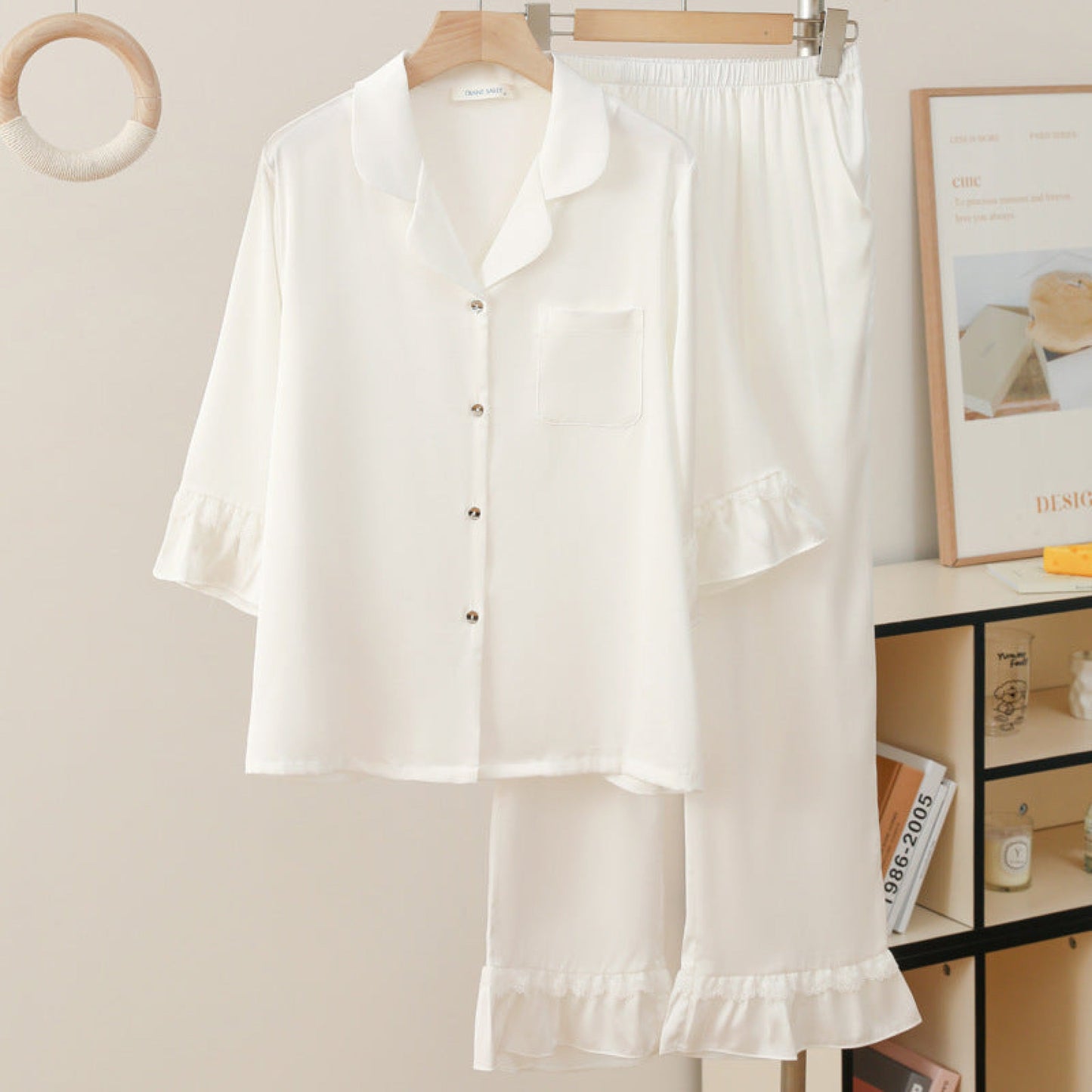 Silky Lace Ruffle Long Sleeves and Pants Pajama Set / White