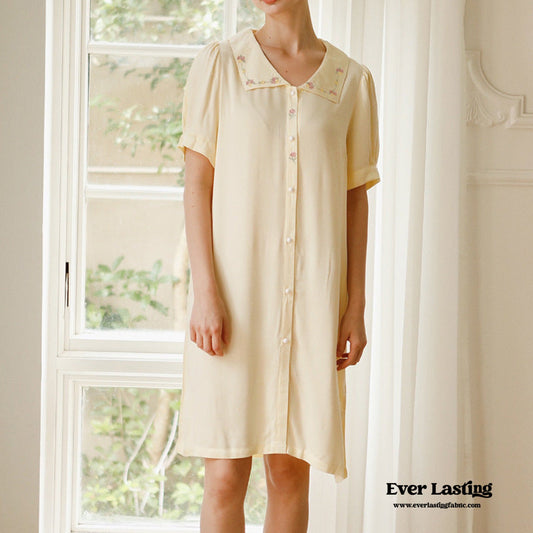 Silky Rose Cream Yellow Embroidered Nightgown Dress
