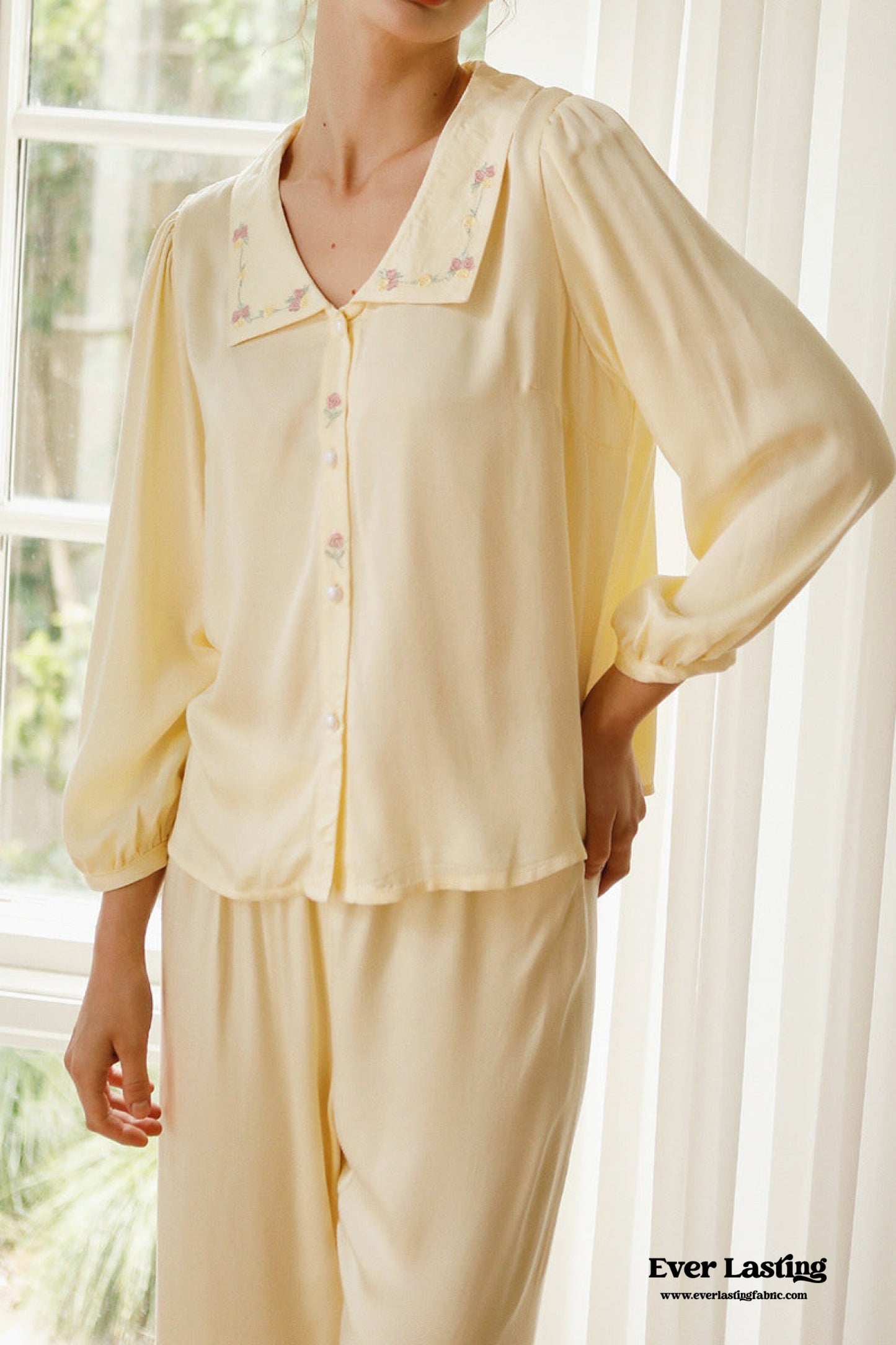 Silky Rose Cream Yellow Embroidered Nightgown Dress