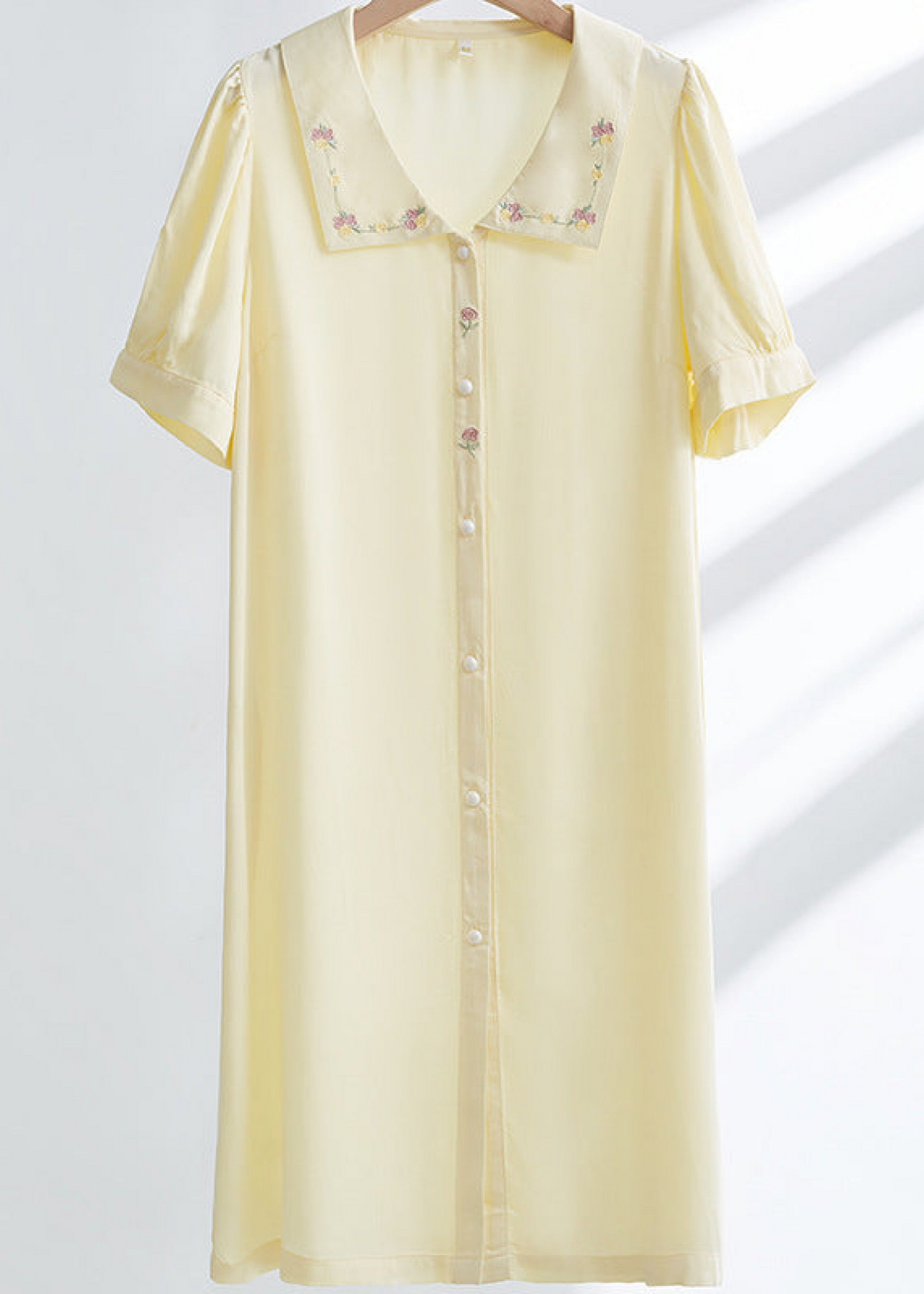 Silky Rose Cream Yellow Embroidered Nightgown Dress