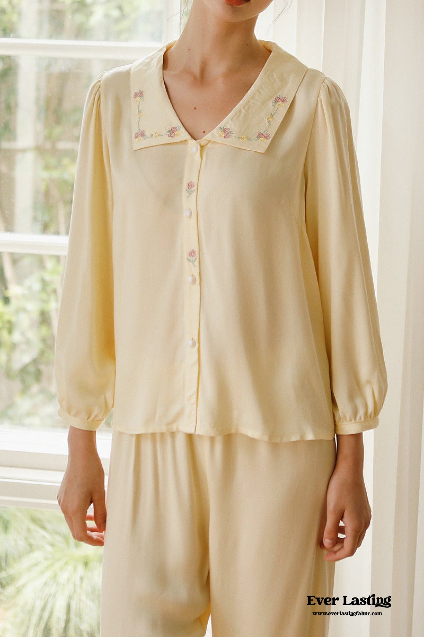 Silky Rose Cream Yellow Embroidered Pajama Set