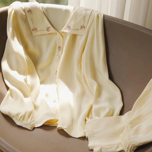 Silky Rose Cream Yellow Embroidered Pajama Set