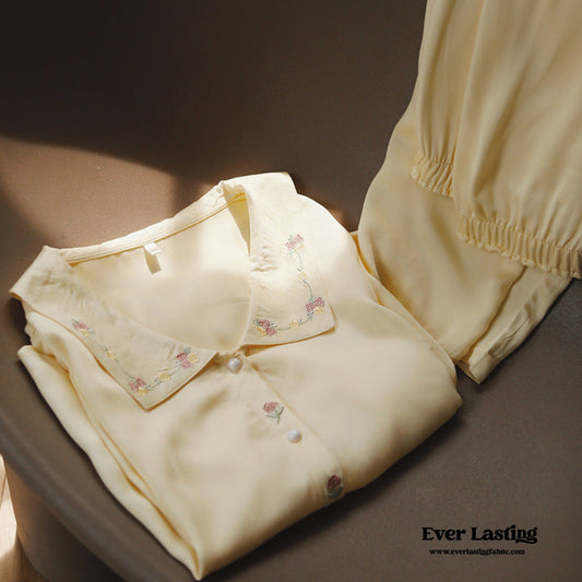 Silky Rose Cream Yellow Embroidered Short Pajama Set