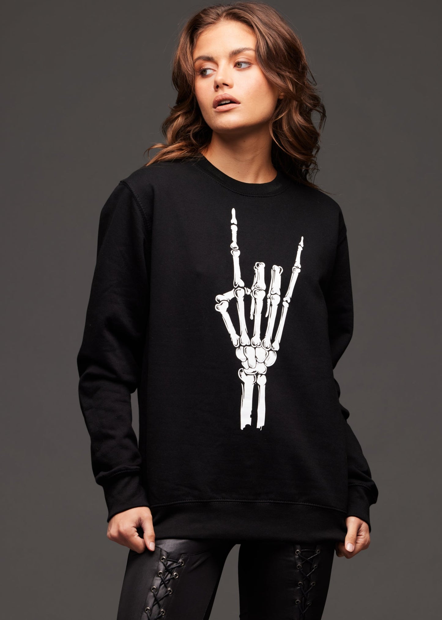 Metal Horns Skeleton Hand Skull Sweatshirt - Concordia Style Boutique