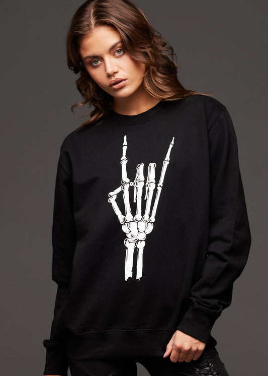 Metal Horns Skeleton Hand Skull Sweatshirt - Concordia Style Boutique