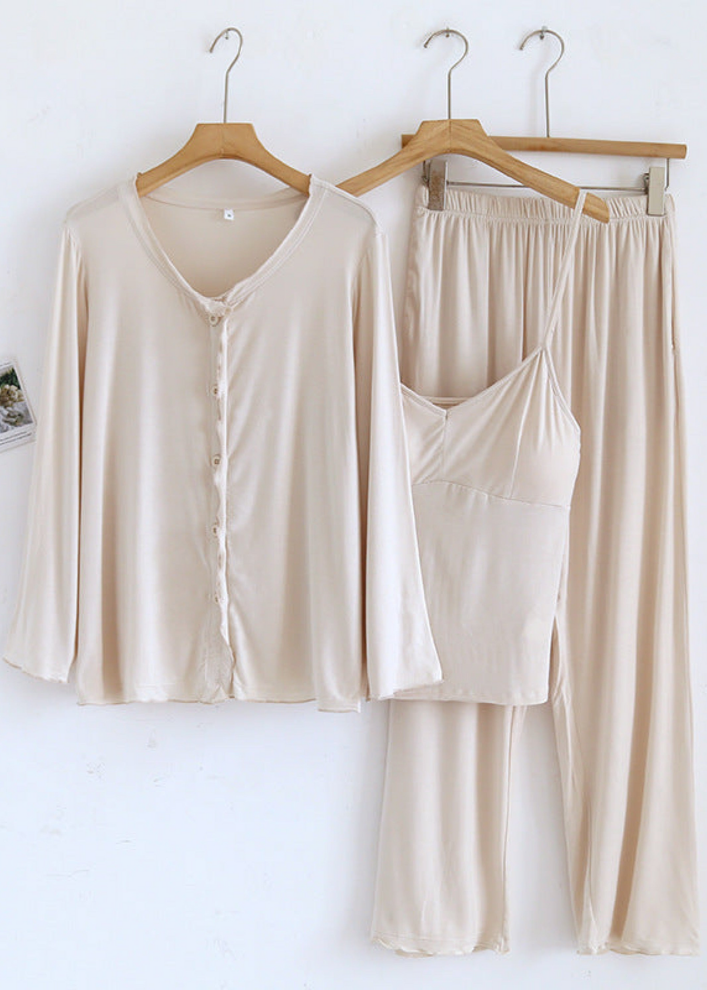 Solid Ruffle V Tank and Long Pants with Cardigan Modal Pajama Set