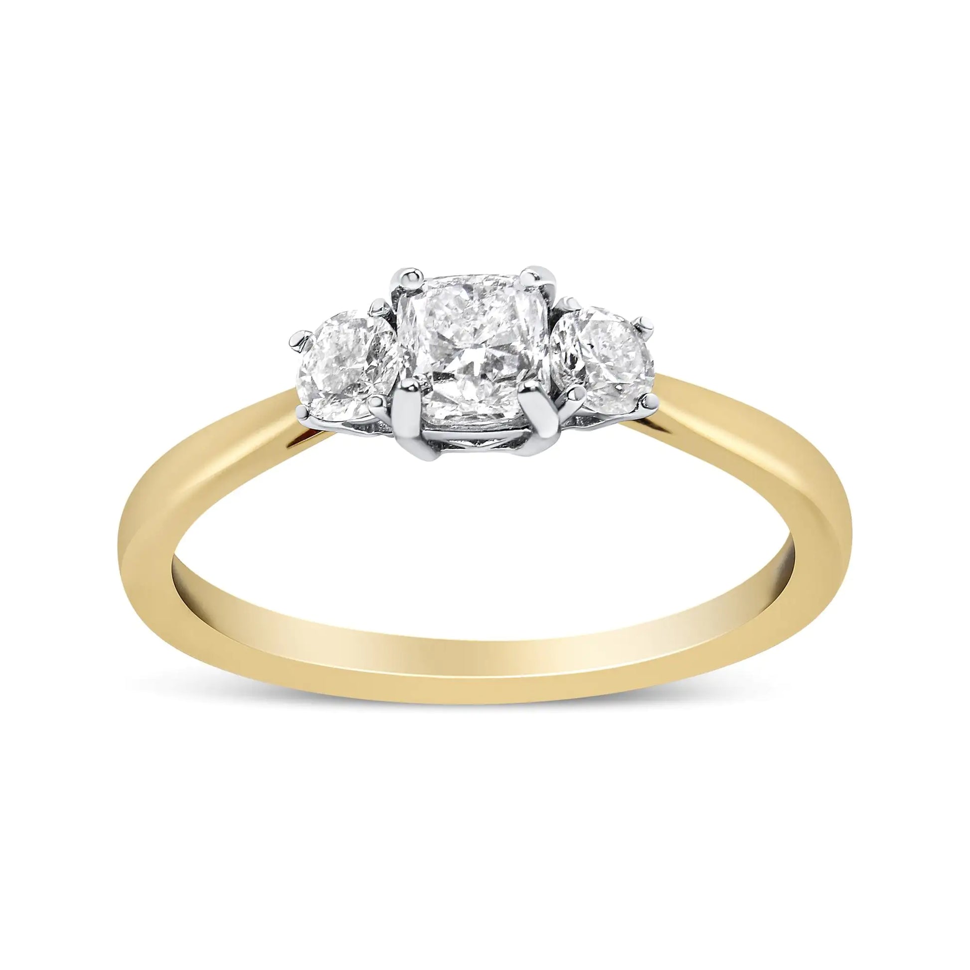 *SOLD OUT* 14K Yellow Gold 3/4 Cttw Cushion and Round-Cut Diamond Bostonian Style 3 Stone Engagement Ring (I-J Color, SI2-I1 Clarity) - Concordia Style Boutique